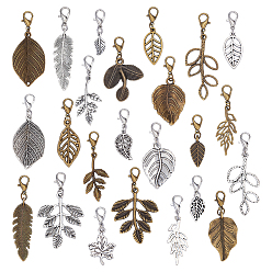 Антично-бронзовый и Антично-серебристый 72 шт. 24 стильные подвесные украшения в виде листьев из сплава, Сплав с застежками когтя омара, античная бронза и старинное серебро, 28~51 мм
