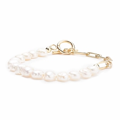 White Natural Pearl Beaded Bracelet with Brass Paperclip Chains for Women, Golden, White, 7-5/8 inch(19.5cm)