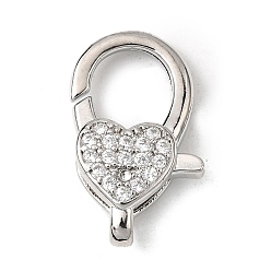 Платина Застежки-клешни из прозрачной латуни с кубическим цирконием, без кадмия, без никеля и без свинца, сердце, платина, 22x14x4.5 мм, отверстие : 4.5x2 мм