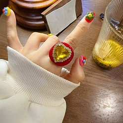 Желтый Кольца из смолы в форме сердца, хрустальных страз и стекла, желтые, внутренний диаметр: 18 мм