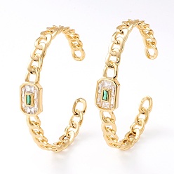 Green Brass Micro Pave Cubic Zirconia Cuff Bangles, Rectangle, Curb Chain, Real 18K Gold Plated, Green, Inner Diameter: 2-1/4 inch(5.7cm)