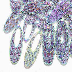 Rainbow Color Ионное покрытие (ip) 304 большие филигранные подвески из нержавеющей стали, гравированные металлические украшения, овальные с цветком, Радуга цветов, 55x17x0.3 мм, отверстие : 1.2 мм