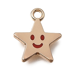 Red Alloy with Enamel Charms, Star with Smiling Face Charms, Rack Plating, Golden, Red, 14x12x1.5mm, Hole: 1.6mm