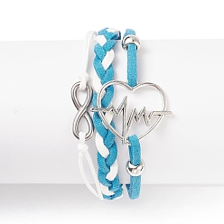 Deep Sky Blue Alloy Heart Beat & 304 Stainless Steel Infinity Links Multi-strand Bracelet, Faux Suede Braided Tripel Layer Bracelet for Women, Deep Sky Blue, 7-1/4 inch(18.3cm)
