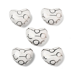Белый Ручной фарфоровые керамические шарики, сердце, напечатанный, белые, 28~29x33.5~35x16~18.5 мм, отверстие : 1.6~2 мм