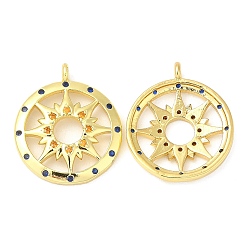 Real 18K Gold Plated Brass Micro Pave Cubic Zirconia Pendants, Flat Round with Sun, Real 18K Gold Plated, 18x15x3mm, Hole: 1.5mm