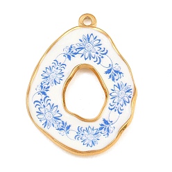 Golden Printed 304 Stainless Steel Pendants, Irregular Teardrop with Floral Pattern Charms, Blue, Golden, 34~34.5x24~24.5x2.5~3mm, Hole: 1.9mm