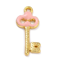 Pink Golden Alloy Enamel Pendants, Long-Lasting Plated, Key, Pink, 27x12x2mm, Hole: 1.8mm