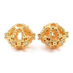 Real 18K Gold Plated Brass Micro Pave Clear Cubic Zirconia Beads, Hollow, Round with Clover, Real 18K Gold Plated, 9~9.5x8mm, Hole: 1.2mm