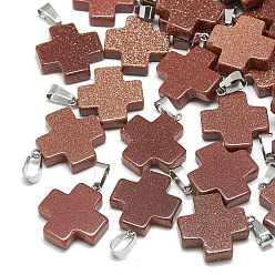 Камень с Пылевым Золотом Синтетические голдстоуновские подвески, с защелкой из нержавеющей стали на поручнях, крестик, 24~25x20~21x5~6 мм, отверстие : 6x4 мм