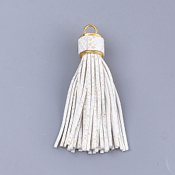 White PU Leather Tassel Big Pendants Decorations, Imitation Snake Skin, with Alloy Findings, Golden, White, 93~97x17.5~18mm, Hole: 6mm