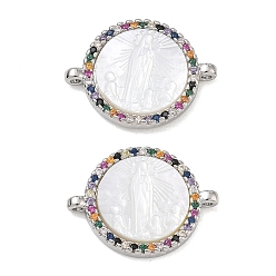 Platino Abalorios de conector de circonita cúbica de colores micro pavimentados de latón chapado en rack, Redonda plana con eslabones de la Virgen María, con cáscara blanca natural, sin plomo y cadmio, Platino, 15x20x3 mm, agujero: 1 mm