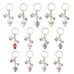 Mixed Color Imitation Pearl Acrylic & Alloy Angel Keychain, with Tibetan Style Alloy Charm and Iron Split Key Rings, Mixed Color, 7.8cm, 12pcs/set