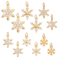 Настоящее золото 18K 12 шт 6 стили латунные микропаве прозрачные кубические циркониевые подвески, снежинка, на Рождество, с целью перехода в кольце, реальный 18 k позолоченный, 12~18.5x9~14x1.5~4 мм, 2 шт / стиль