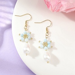 Bleu Boucles d'oreilles pendantes en perles de verre biconiques en forme de larme, plaquées or et traitées anti-ternissement, flocon de neige, 304 boucles d'oreilles pendantes en acier inoxydable pour femmes, bleu, 55x15mm
