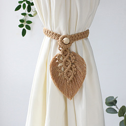 BurlyWood Handmade Macrame Leaf Curtain Tiebacks, Wooden Bead Clutch Curtain Holdback, for Home Wall Drapes Window Decoration, BurlyWood, 400x130mm
