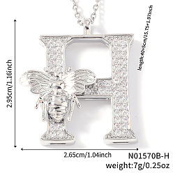 Letter H Ожерелья с подвесками из латуни с прозрачным кубическим цирконием и микропаве, платина, Письмо ч, 15.75 дюйм (40 см), Кулон : 29.5x26.5 мм