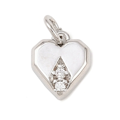 Платина Латунные микропаве прозрачные подвески с фианитом, сердце прелести, долговечный, без кадмия и без свинца, стойки покрытие, с целью перехода в кольце, платина, 10.5x9x2.5 мм, отверстие : 3.4 мм