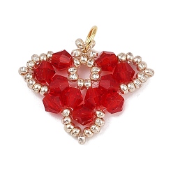 Красный Стекло ручной работы подвески, лист, с 304 открытыми соединительными кольцами из нержавеющей стали и бисером, граненые, красные, 23.5x26x4.5 мм, отверстие : 3 мм