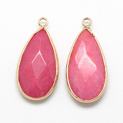 Камелия Натурального белого нефрита подвески, с фурнитурой латунной золотого тона, граненые, слеза, окрашенные, камелия, 32.5~33x16x6 мм, отверстие : 2.5 мм