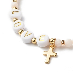 Creamy White Glass Beads Stretch Bracelets, with Acrylic & Brass Beads, 304 Stainless Steel Cross Charms, Word Love, Creamy White, Inner Diameter: 2-1/4 inch(5.7cm)