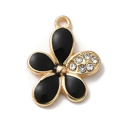 Schwarz Blumenlegierungsemailleanhänger, mit Strass, Licht Gold, Schwarz, 17.5x13x2.5 mm, Bohrung: 1.4 mm