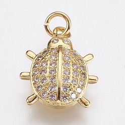 Golden Brass Micro Pave Cubic Zirconia Charms, Ladybird, Golden, 13x11.5x3mm, Hole: 1.8mm