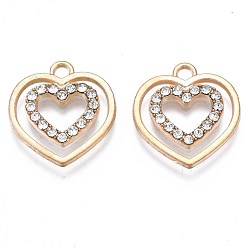 Light Gold Alloy Pendants, with Crystal Rhinestone, Cadmium Free & Nickel Free & Lead Free, Heart Charms, Light Gold, 19.5x18x2mm, Hole: 2mm
