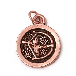 Стрелец Латунные подвески, с прыжковых колец, долговечный, плоский круг со знаком 12 созвездия / зодиака, античный розового золота, Стрелец, 18.5x15x2 мм, переходное кольцо: 5x0.7 мм, внутренний диаметр: 3.6 мм