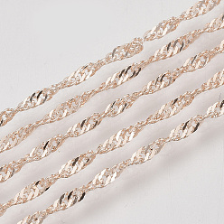 Розовое Золото Сингапурские паяные латунные покрытые железом цепи, цепи водных волн, с катушкой, розовое золото , 2x1.2x0.3 мм, около 328.08 футов (100 м) / рулон