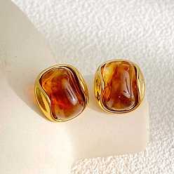 Chocolate 304 Stainless Steel Resin Stud Earrings, Rectangle, Golden, Chocolate, 18x16mm