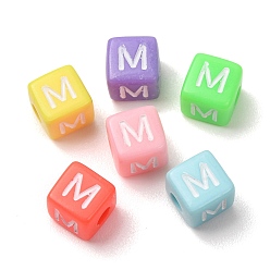 Couleur Mélangete Perles européennes opaques acrylique, Perles avec un grand trou   , cube avec la lettre m, couleur mixte, 10x9x9~9.5mm, Trou: 4mm, environ580 pcs / 500 g