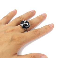 Obsidian Metal Wire Wrapped Natural Obsidian Open Cuff Rings, Flat Round with Tree of Life Ring for Men , Adjustable 