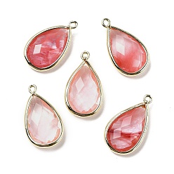 Вишневый Кварц Синтетическое окрашенное вишневое кварцевое стекло стеклянные граненые подвески, стойки с позолоченными латунными подвесками-каплями, 21x12x6 мм, отверстие : 1.2 мм