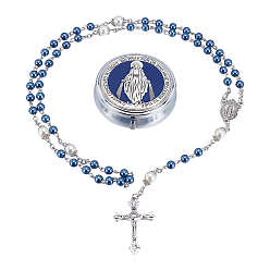 Платина 2 шт. четки из круглых стеклянных жемчужин синего цвета, ожерелья с подвеской в виде креста Иисуса из цинкового сплава, с круглыми подарочными коробками с зеркалами, платина, 29.13 дюйм (74 см)