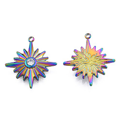 Rainbow Color 304 Stainless Steel Pendants, with Crystal Rhinestone, Star, Rainbow Color, 21.5x19x3.5mm, Hole: 1.4mm