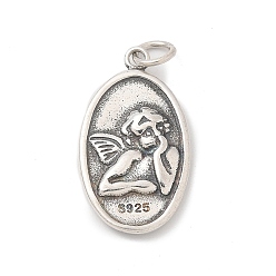 Oval 925 стерлингов серебряные подвески, с перемычками и 925 штампом, античное серебро, овальные с ангелом, 21.5x12.5x2.5 мм, отверстие : 3 мм