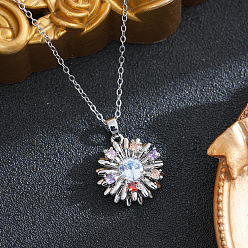 Silver Brass Pave Colorful Cubic Zirconia Sunflower Pendant 201 Stainless Steel Cable Chain Necklaces for Women, Ion Plating(IP), Silver, 15.75 inch(40cm)