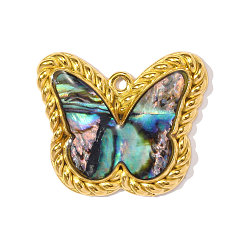 Настоящее золото 18K 304 подвески из ракушек пауа из нержавеющей стали, бабочки прелести, ионное покрытие (ip), реальный 18 k позолоченный, 25x21 мм