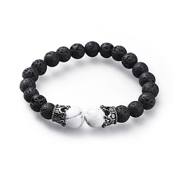 Говлит Естественно Howlite стрейч браслеты, с бусинами из натурального вулканического камня и бусинами из латуни с микропаве и кубическим цирконием, корона, металлический черный , 1-7/8 дюйм (4.9 см)