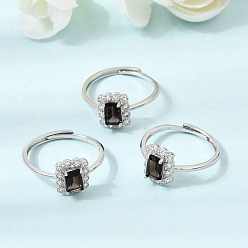 Smoky Quartz Brass Micro Pave Cubic Zirconia Finger Rings, Rectangle, with Natural Smoky Quartz, Platinum, Rectangle: 10x8mm, Inner Diameter: 17mm