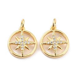 Настоящее золото 18K Латунные микро проложить кубического циркония подвески, с прыжковых колец, долговечный, без кадмия и без свинца, плоские круглые с солнцем, реальный 18 k позолоченный, 12x10x2.5 мм, отверстие : 2.6 мм