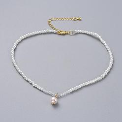 Pink Glasperlen Perlen Anhänger Halsketten, galvanisieren mit Glasperlen, Messingkettenverlängerer und Kartonverpackung, rosa, 12.9 Zoll (33 cm)