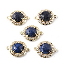 Ляпис-Лазурь Окрашенный натуральный лазурит граненые соединительные подвески, латунные микро-паве прозрачные кубические цирконии плоские круглые драгоценные камни звенья, золотые, стойки покрытие, 21x16x7 мм, отверстие : 1.6 мм