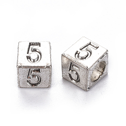 Number Сплавочные европейские бусины, бусины с большим отверстием, куб с номером, античное серебро, кол. 5, 7x7x7 мм, отверстие : 5 мм