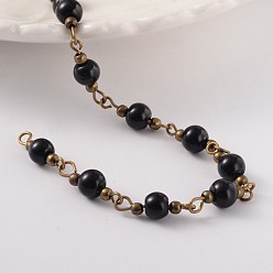 Черный Круглый ручной работы из стекла жемчужина из бисера цепи, несварные, с латунной фурнитурой , античная бронза, чёрные, 6 мм, около 60 шт / нитка, 39.3 дюйм