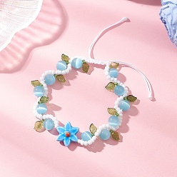 Синий Плетеные браслеты из бусин ручной работы из фарфора, кошачьего глаза и акрила, регулируемый плетеный нейлоновый браслет для женщин, синие, внутренний диаметр: 2-1/4~2-3/4 дюйм (5.6~7 см)