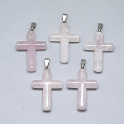 Розовый Кварц Природного розового кварца подвески, с защелкой из нержавеющей стали на поручнях, крестик, цвет нержавеющей стали, 44~46x28x8 мм, отверстие : 3~4x7~8.5 мм