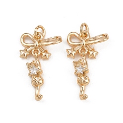 Настоящее золото 18K Латунные микро проложить кубического циркония подвески, бантом со звездой, реальный 18 k позолоченный, 25x15x5.5 мм, отверстие : 3 мм