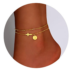 Letter J Браслеты на ногу из латуни с боковыми поперечными связями и плоскими круглыми начальными подвесками, золотые, буква J, 7-7/8 дюйм (200 мм)